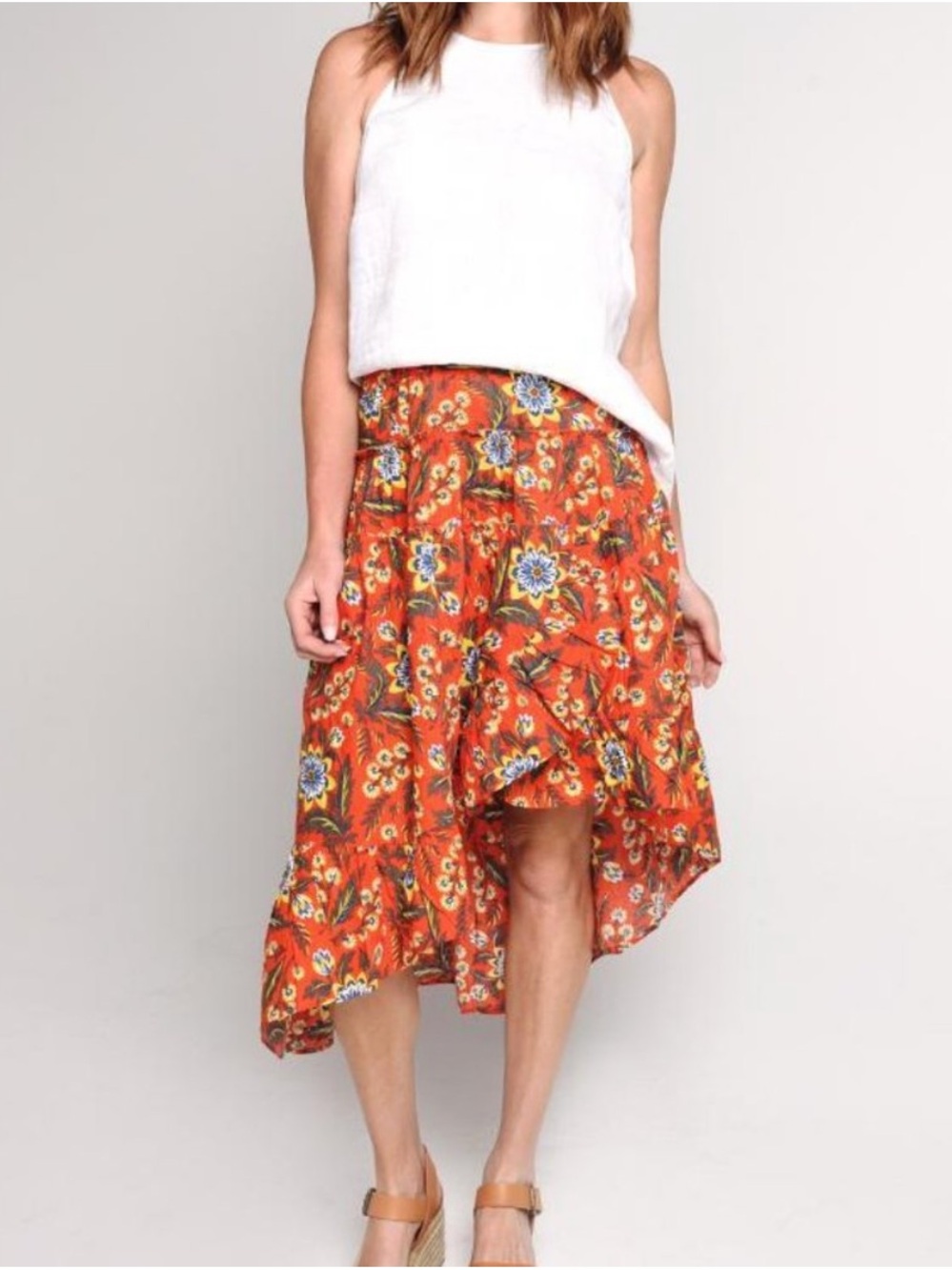 Joie Clarke Floral High Low Midi Skirt Salsa Orange Red Blue Yellow Size XS